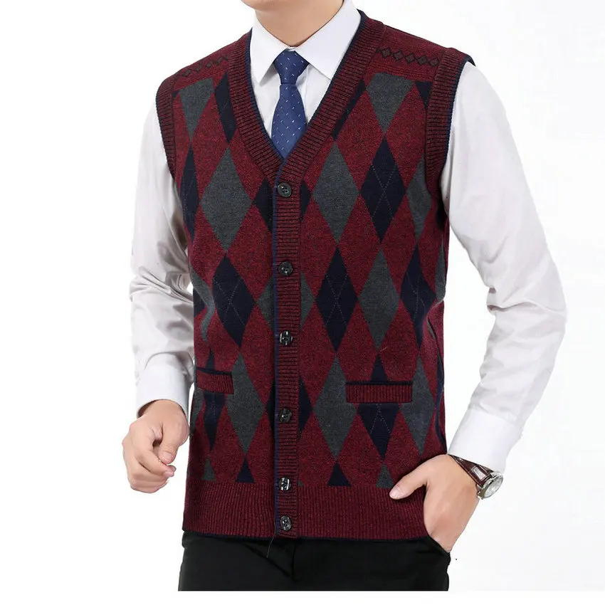 wine red Vest Мужской шерстяной кашемировый жилет, мягкий шерстяной жилет, мужской жилет с v-образным вырезом, мужской вязаный жилет с ромбовидным узором, мужские серые и красные клетчатые жилеты Weskit Man - Цвет: wine red Vest