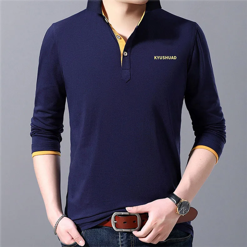 Dark blue Mwxsd brand Casual mens long sleeve cotton polo men Autumn soft solid poloshirt men high quality polos tee camisa masculina polo - Color: Dark blue
