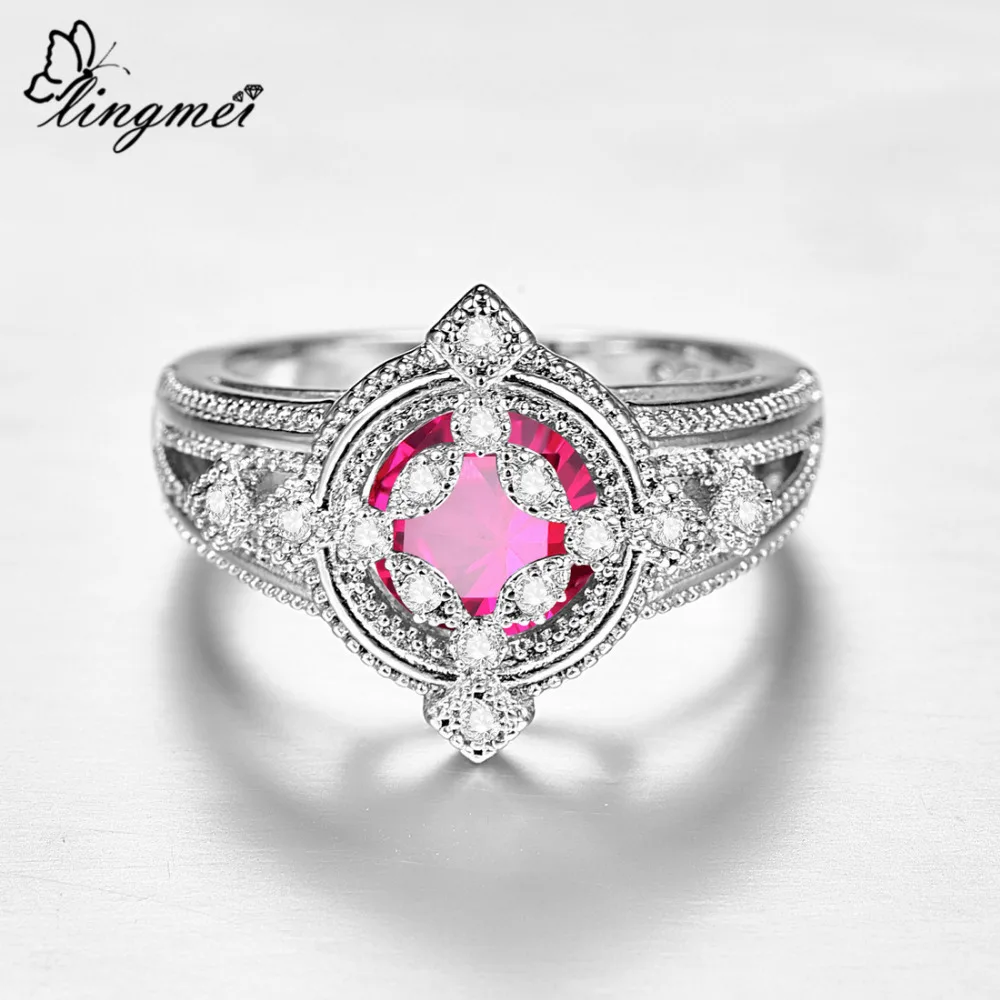 Изысканный Lingmei круглые Коктейльные Свадебные кольца Женская мода Циркон Серебро 925 кольцо Размер 6 7 8 9 подарки на годовщину