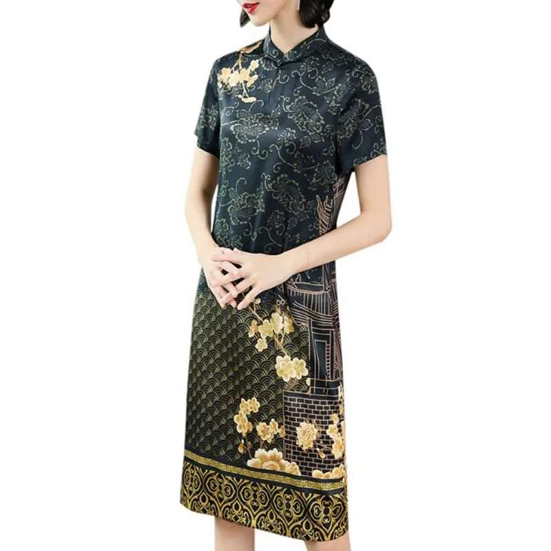 Mulberry Silk Dress Women 2019 Summer New Your Waist Cover Belly Improved Cheongsam Temperament Vestido Plus Size 5XL | Женская одежда