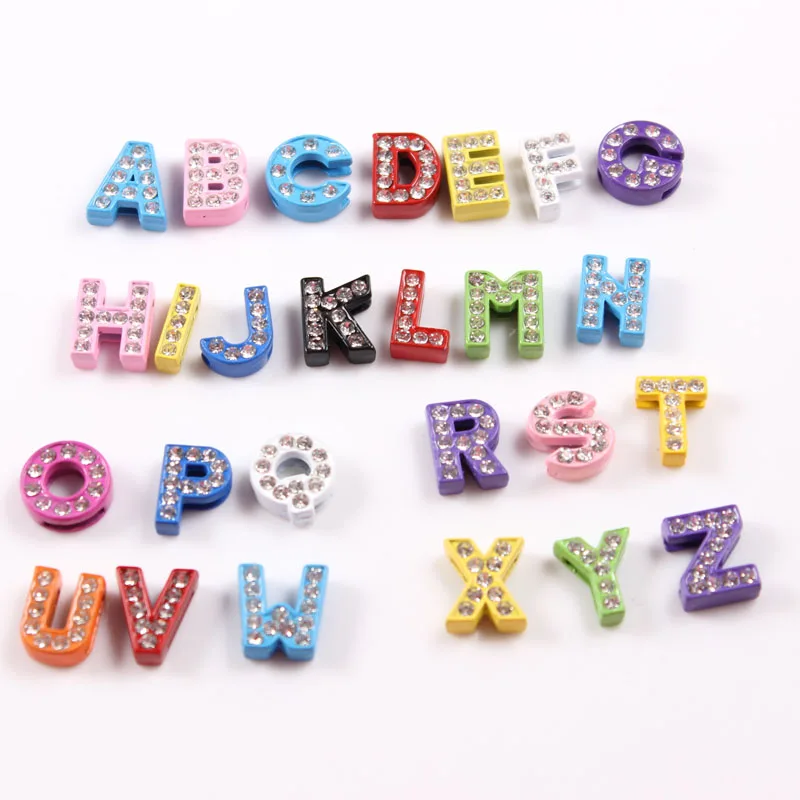 130pcs/lot 8mm Alphabet Letter Slider Charm Full Rhinestone Colorful Charms Fit Belt Leather Bracelets 5pcs of 26pcs A-Z Украшения и