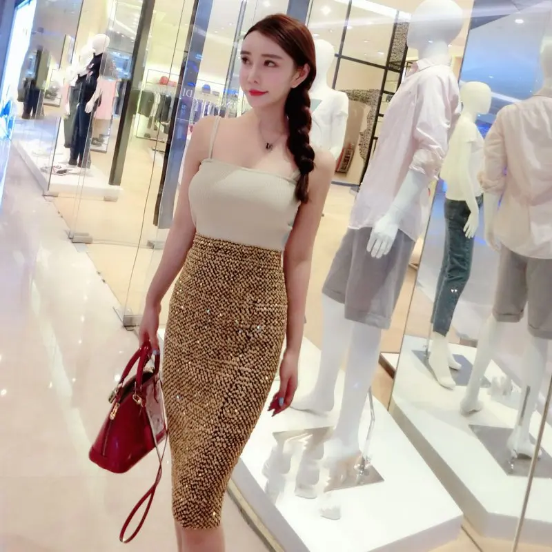 60CM Shining Sequined Patchwork Bodycon Elegant Midi Skirts Womens Office Ladies Sexy Club Skinny High Waist Skirt Spring