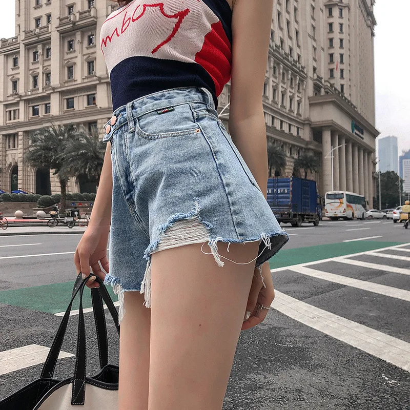 Xisteps Summer Hot High Waist Ripped Holes Women Short Jeans Loose Sexy Street Wear A-line Shorts Wide Leg Plus Size 2021