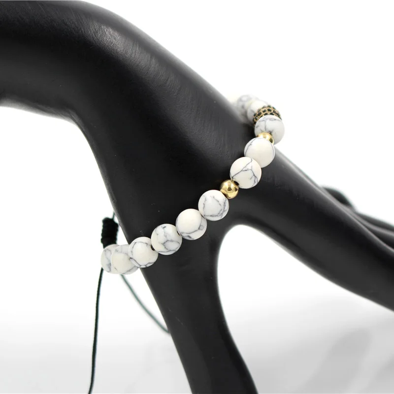 Новейший 8 мм белый Howlite камень и CZ медный шарик плетение макраме браслет из бисера Регулируемый Анил Arjandas ткачество мужской браслет