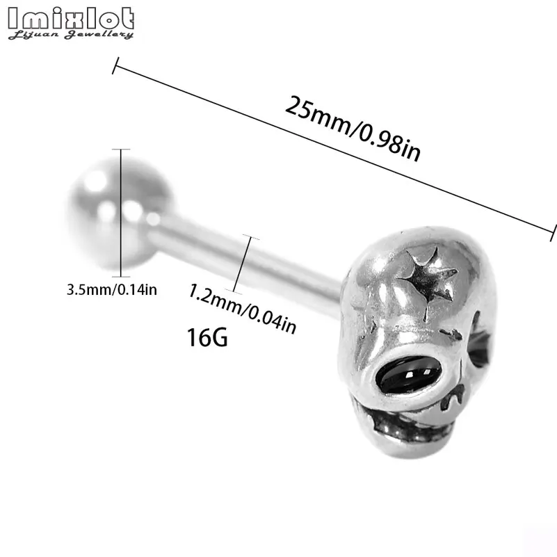 Imixlot 1 шт. пальмовый череп пирсинг-штанга для языка кольцо-пирсинг в язык из нержавеющей стали Спираль пирсинг Ланге ухо пирсинг ювелирные изделия для тела 16 г