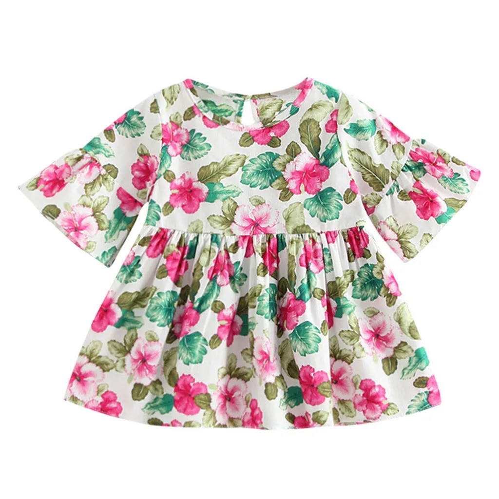 

Summer New Fashion Toddler Kids Baby Girls Dress Floral Print Flare Sleeve Princess Dress Outfits Wholesale Free Ship Z5