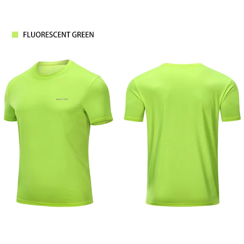 Fluorescent green Мужские футболки для бега Outto, быстросохнущие эластичные тонкие футболки для пробежек, тренировочные футболки с коротким рукавом, спортивная одежда для спортзала, фитнеса, Топ#1802 - Цвет: Fluorescent green