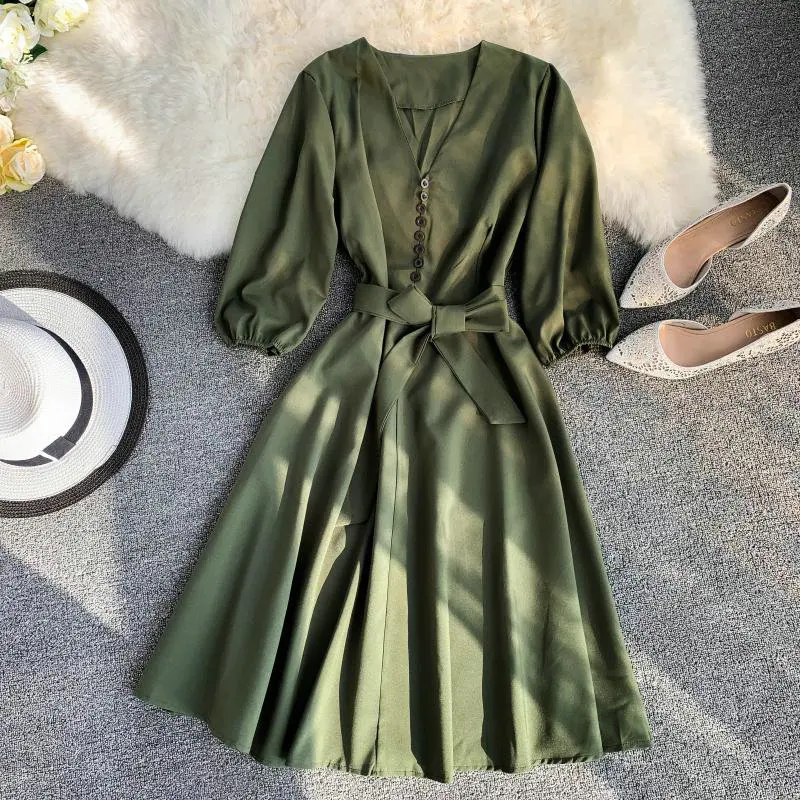 Women Fashion Dress Женское платье с v-образным вырезом, наполовину спущенный рукав, шнуровка, бандаж, а-силуэт, кнопка, бант, платье, Винтажный тонкий пуловер с высокой талией, шифоновый пояс, платье - Цвет: Women Fashion Dress
