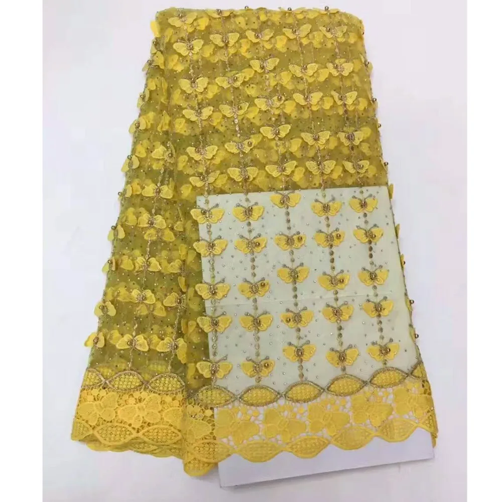 Африканский Кружево Ткань S 5 ярдов Hand Made жемчуг бисером 3D французского фатина