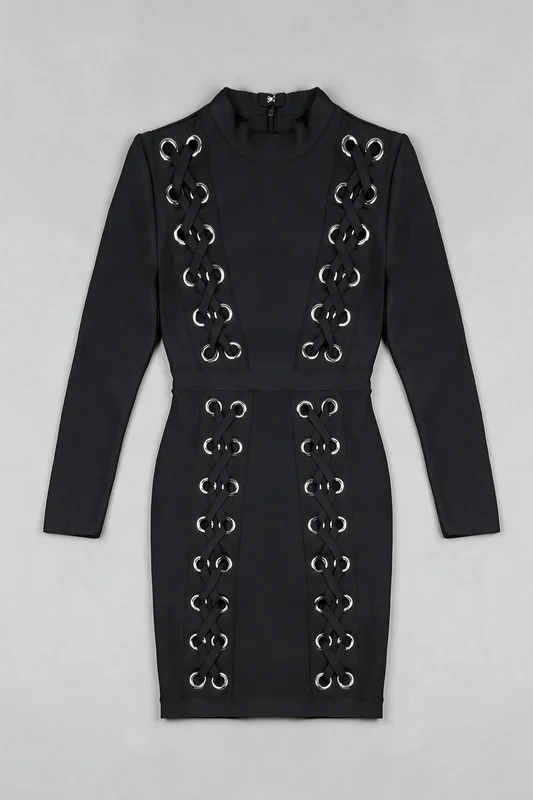 Женское облегающее платье Deavogy черное Бандажное с дырками и длинным рукавом из