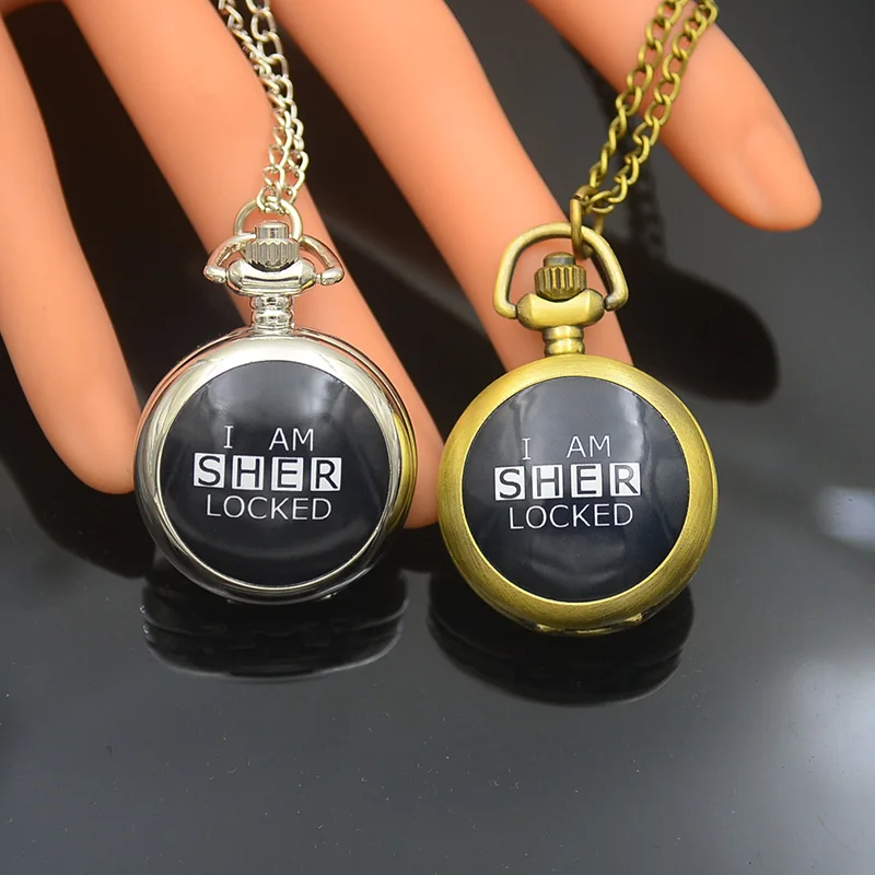 

Wholesale Fashion Quartz I AM SHERLOCKED Pocket Watch Necklace Woman Cute Silver Bronze Fob Watches Picture Black White 2017