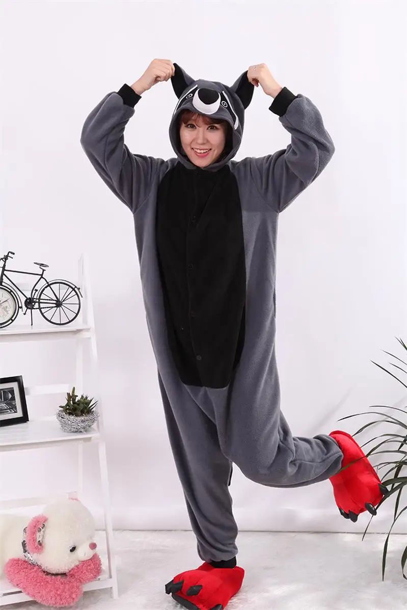 

Комбинезон-Кигуруми для взрослых, комплект пижамы с рисунком животного из мультфильма, енота, серого цвета, пижама, костюм для сна