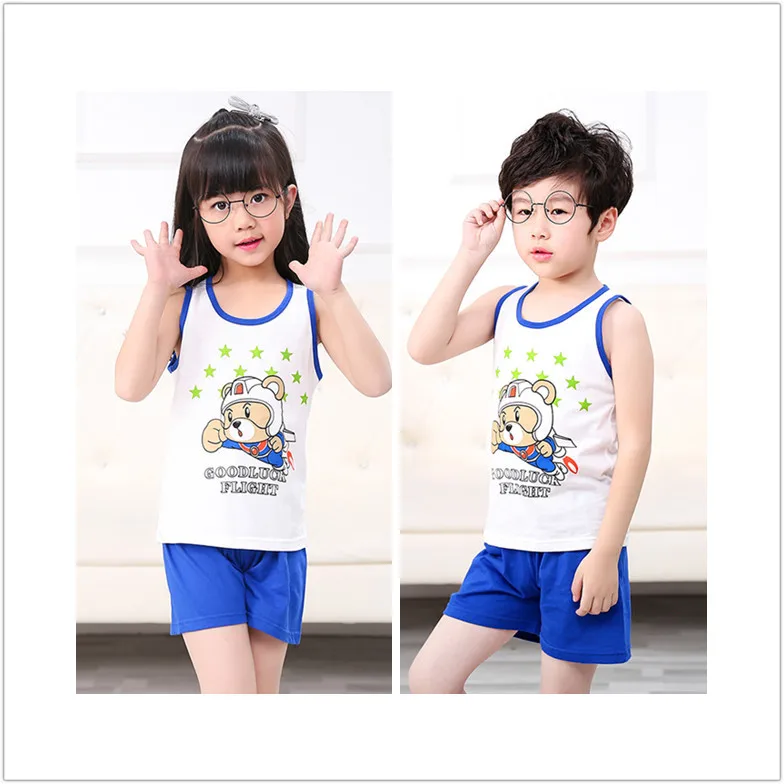 2-8 Years Boys Girls Sleeveless Vest+ Pure Color Shorts Set Summer Children Cartoon Tops Kids Boy Cotton Casual Waistcoat Suits | Детская