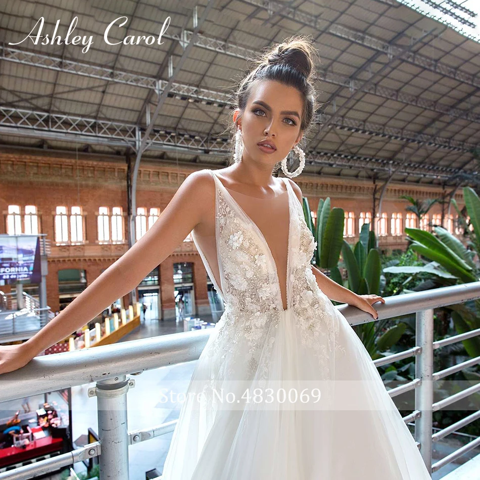 Ashley Carol сексуальное с глубоким v-образным вырезом без спинки пляжное свадебное платье в стиле бохо роскошное бисерное платье невесты Свадебные платья из фатина