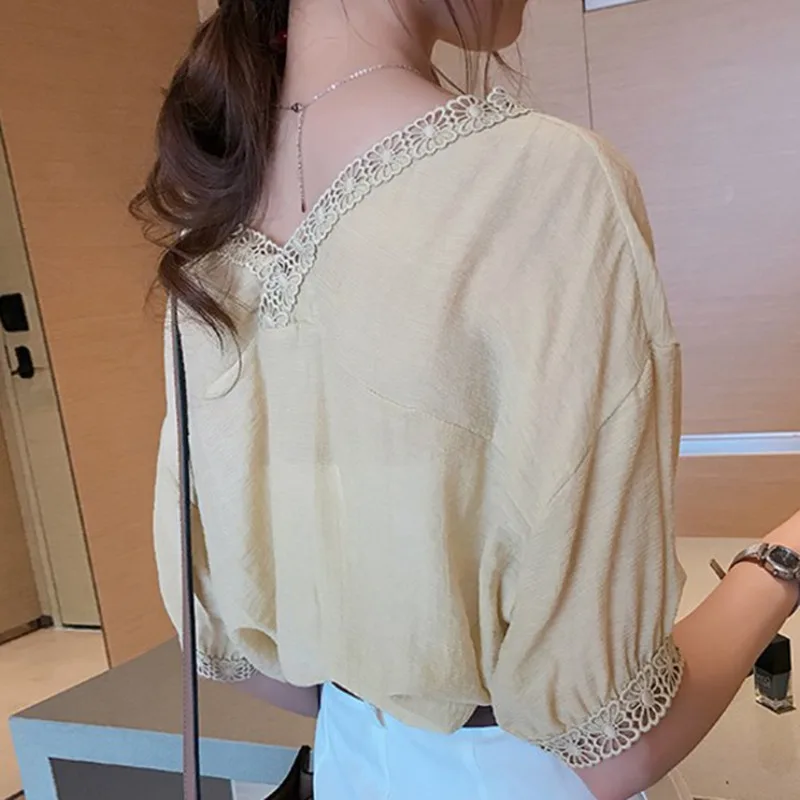 

Summer Women Blouses Solid Casual Shirt Short Sleeve Lace Stitching V-neck chiffon shirt
