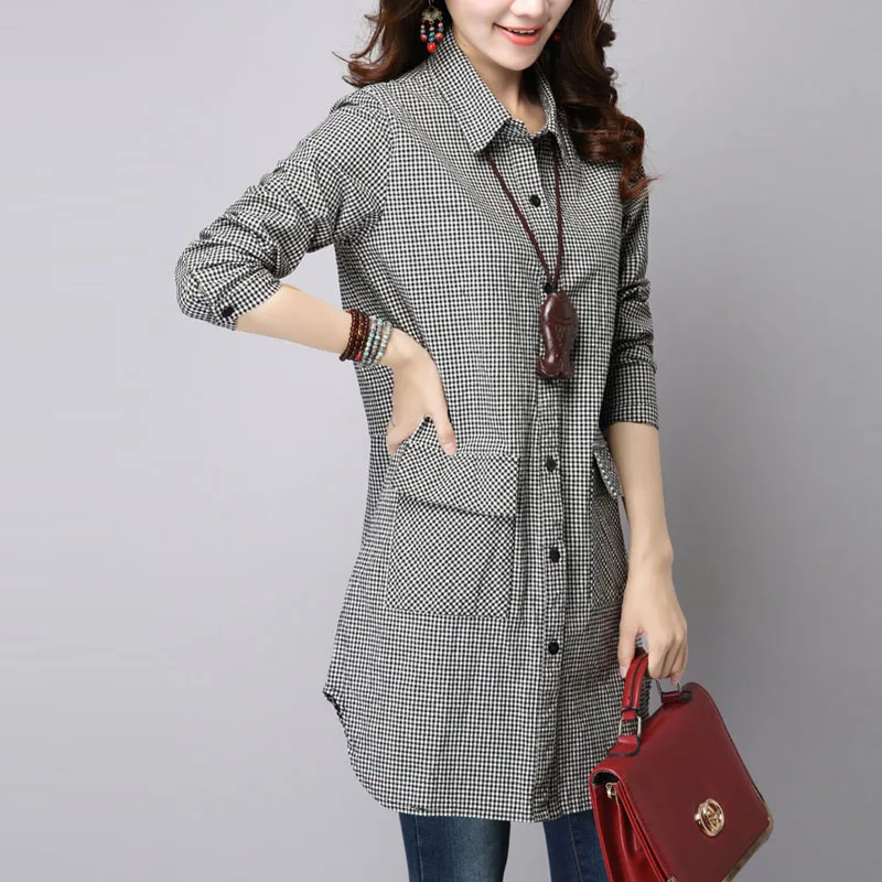 Женские длинные рубашки 2017 Осенняя клетчатая рубашка с длинным рукавом Женская