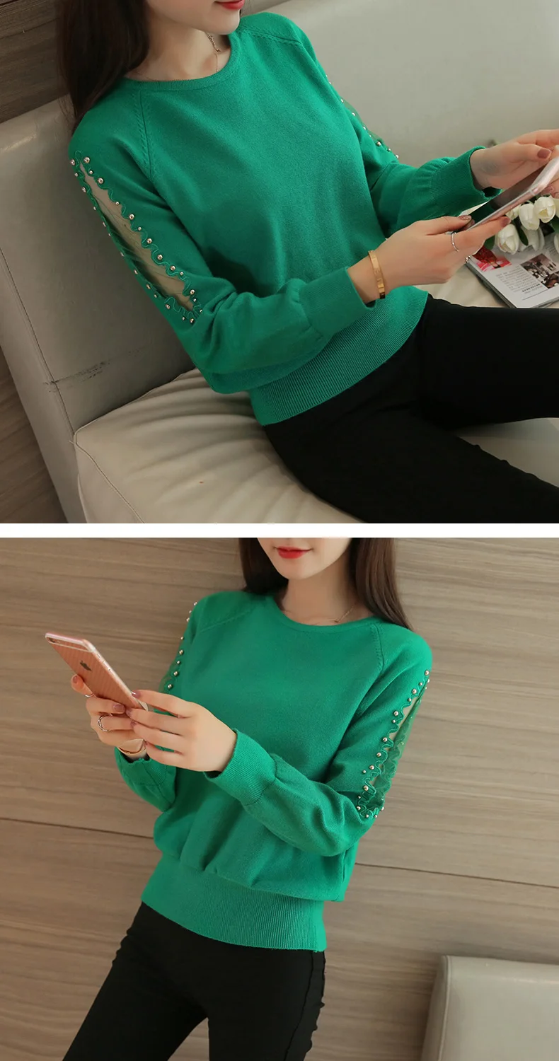 OHCLOTHING свободные женские короткие кружевные бисером на осень-зиму Для женщин свитер универсальная рубашка Одноцветный пуловер Трикотаж