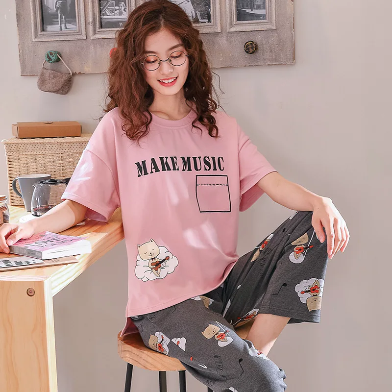 Пижамы с героями мультфильмов; женская пижама; mujer invierno; домашняя одежда; большие размеры; розовая футболка с короткими рукавами и принтом; брюки; 2 шт