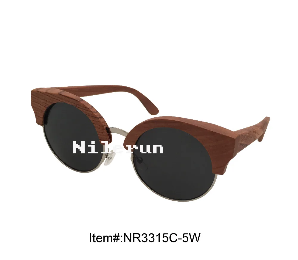 

Круглые Солнцезащитные очки в серебристой металлической Красной деревянной оправе