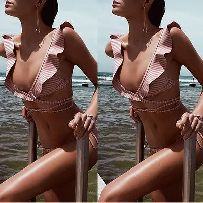 Купальник бикини женский полосатый с чашками пуш ап и открытой спиной|beachwear