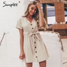 Женское хлопковое льняное платье Simplee, винтажное платье с коротким рукавом и v-образным вырезом, летнее повседневное корейское платье с пуговицей