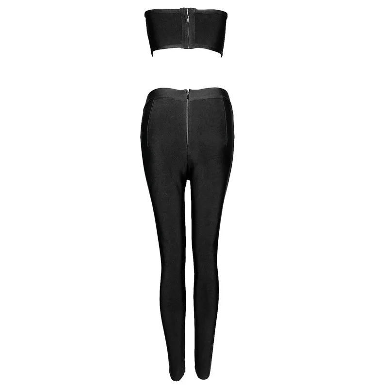 

Two Pieces Set Black Beige Rayon Strapless Top Legging Pant Bandage Sets Sexy Wear