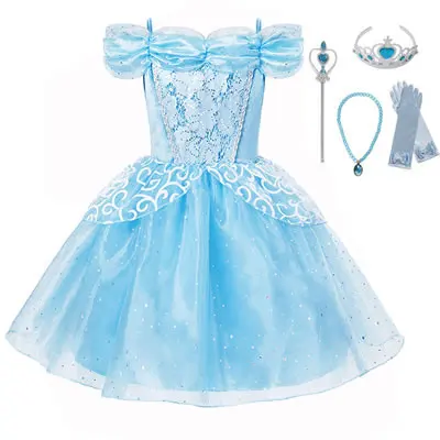 Cinderella Sets 02 Арабское платье принцессы с жасминовым принтом для девочек; летнее короткое платье Спящей красавицы Авроры; голубое платье Золушки; костюм Аладдина - Цвет: Cinderella Sets 02