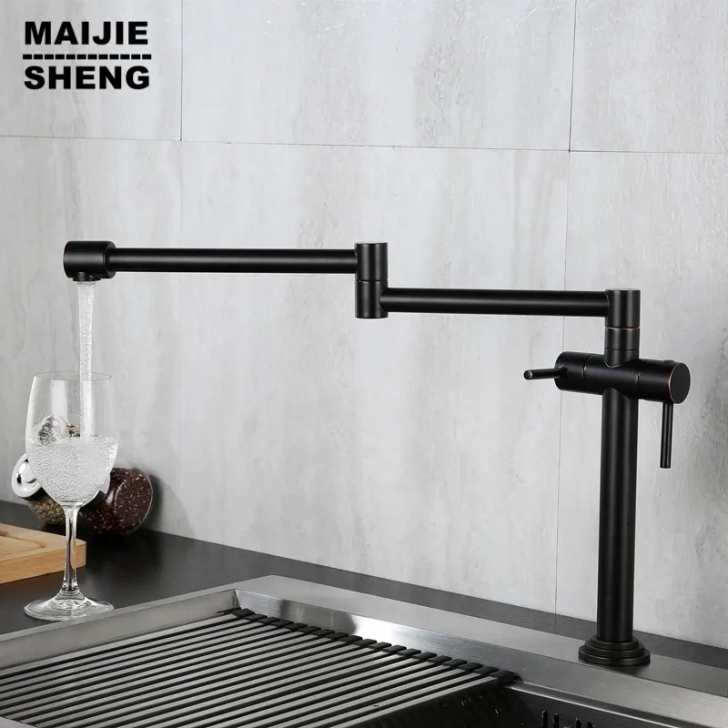 Складной смеситель для кухни с двойной ручкой горячей и холодной водой черный