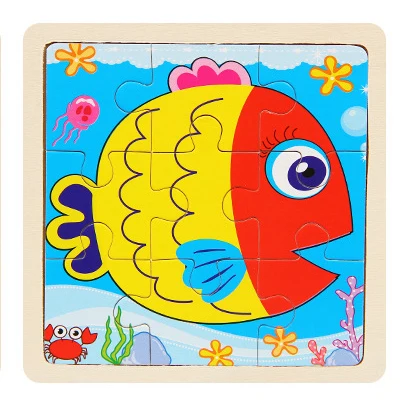 fish Мини Размер 11*11 см деревянная 3D мультяшная головоломка для детей Детские Мультяшные животные/дорожные Пазлы обучающая игрушка подарок для девочек и мальчиков - Цвет: fish