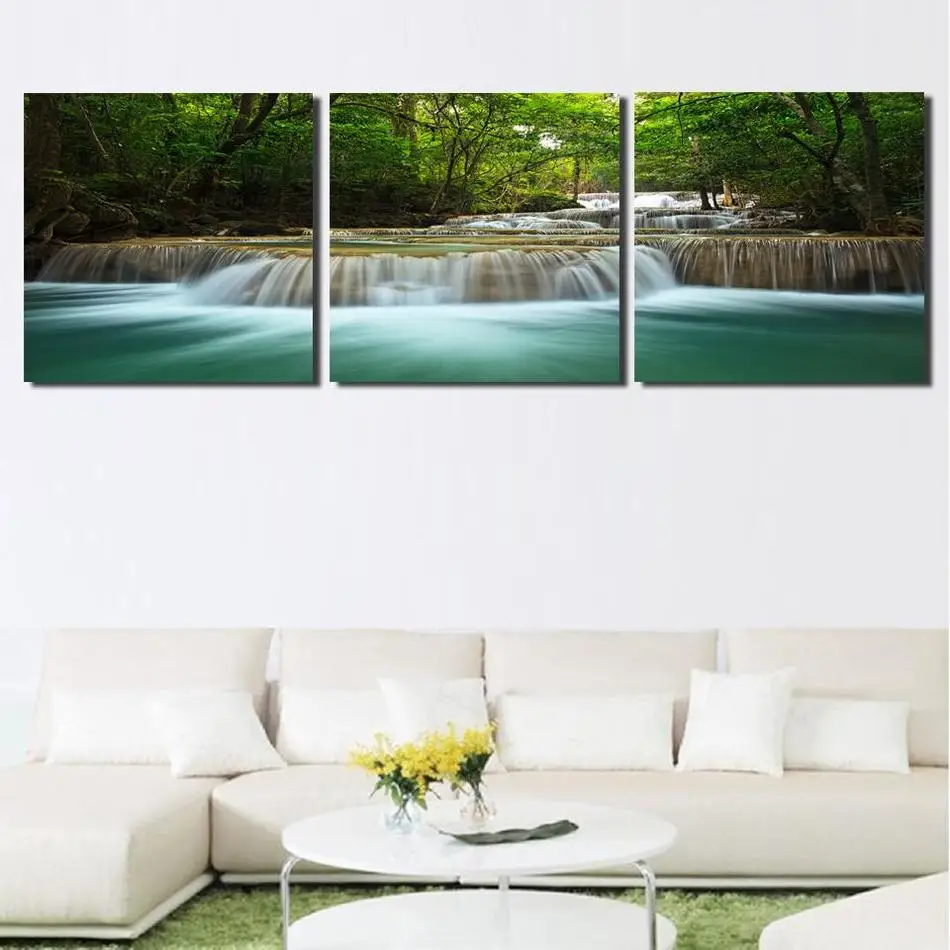 3 Панели современного дерева водопад холст Картина Пейзаж Живопись искусство