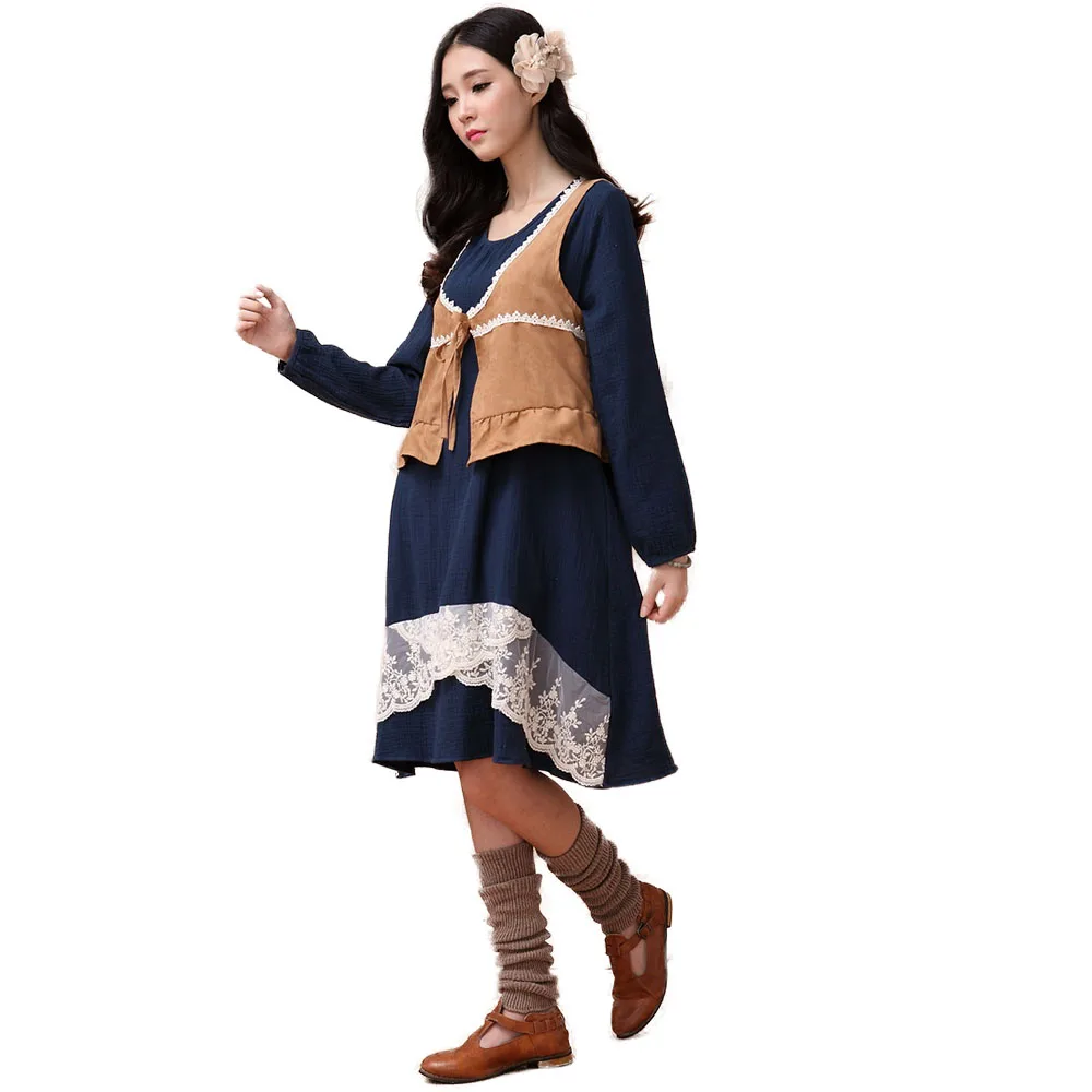 Lolita Mori Girl Fake Two Pieces Autumn Dress Long Sleeve Knee Length Women Vest Robe Femme Vestido Falda Round Collar Y03520 | Женская