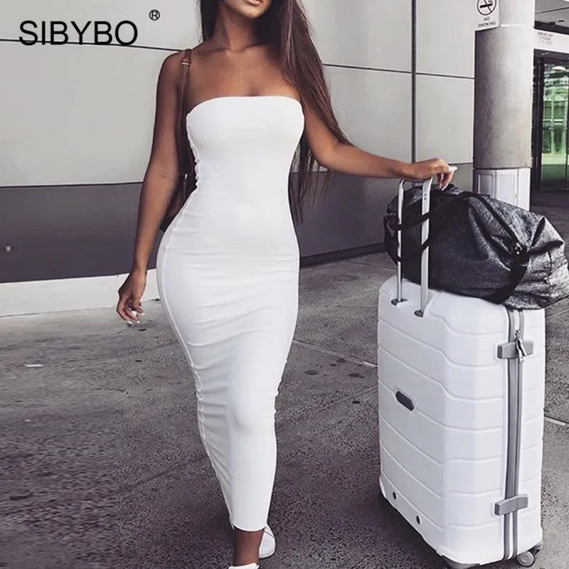 Sibybo/сексуальное женское платье без бретелек с открытыми плечами, без рукавов, прямое длинное облегающее платье с открытой спиной, повседневные осенние вечерние женские платья