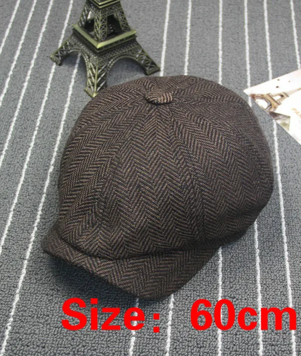 coffee 60cm Мужские Восьмиугольные береты большого размера, твидовая Кепка Гэтсби в елочку, газетный мальчик, мужской берет, остроконечная шапка, весенние женские Плоские береты - Цвет: coffee 60cm