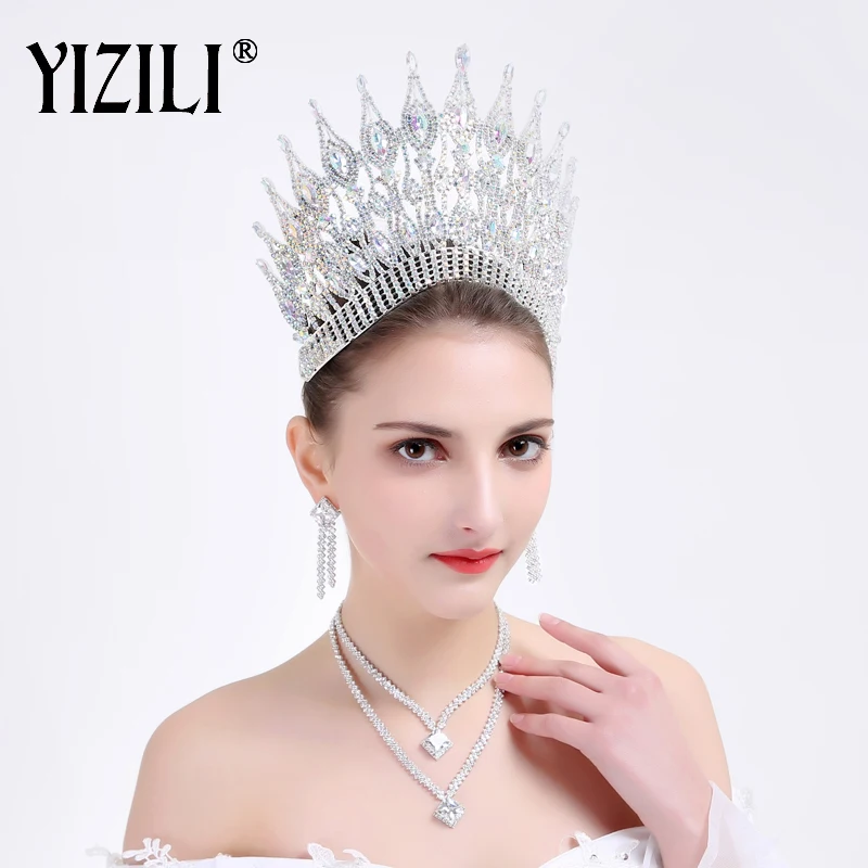 YIZILI Новая Роскошная большая европейская Свадебная Корона невесты Великолепная Хрустальная большая круглая Королевская корона свадебные аксессуары для волос C021