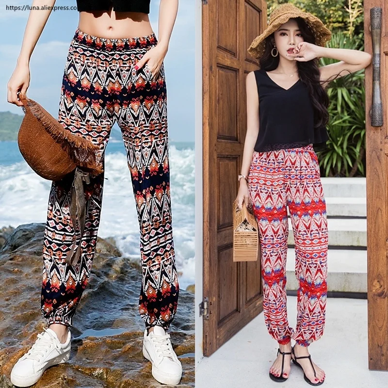 Шаровары в стиле ретро Бохо с красочным принтом женские повседневные летние