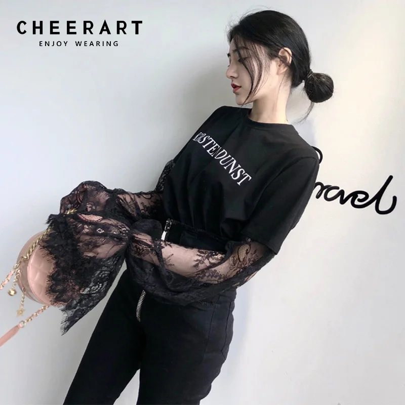 Футболка черарт 2018 Осенняя Женская Кружевная футболка с рукавами фонариками и