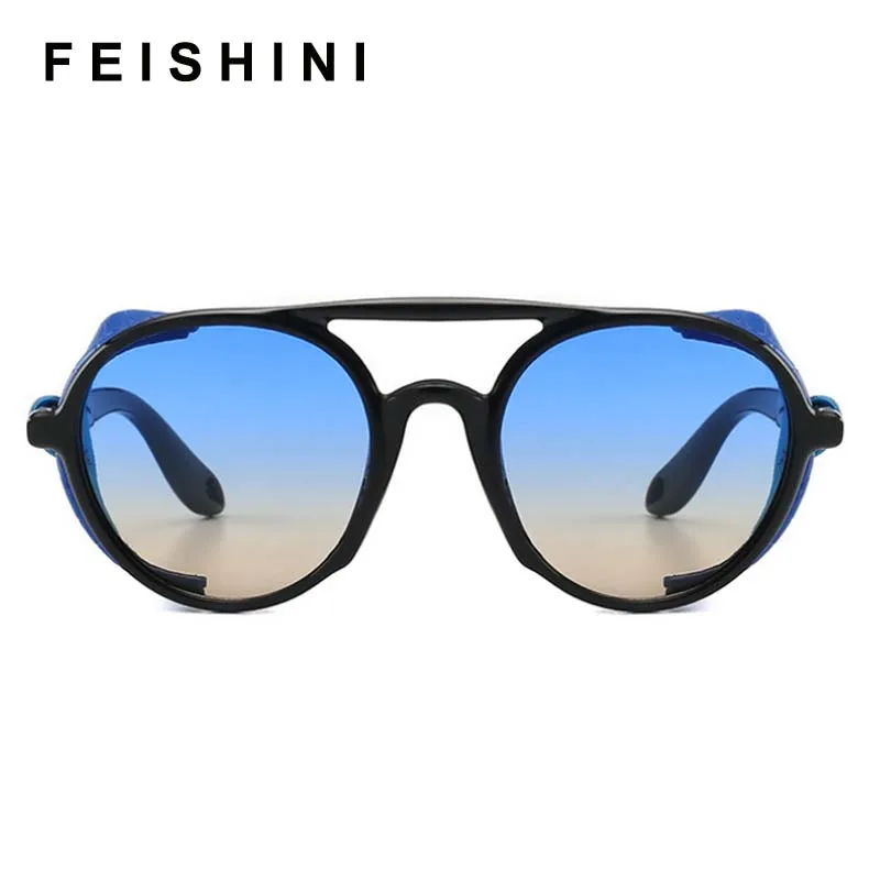 Модные круглые солнцезащитные очки FEISHINI в стиле стимпанк женские кожаные