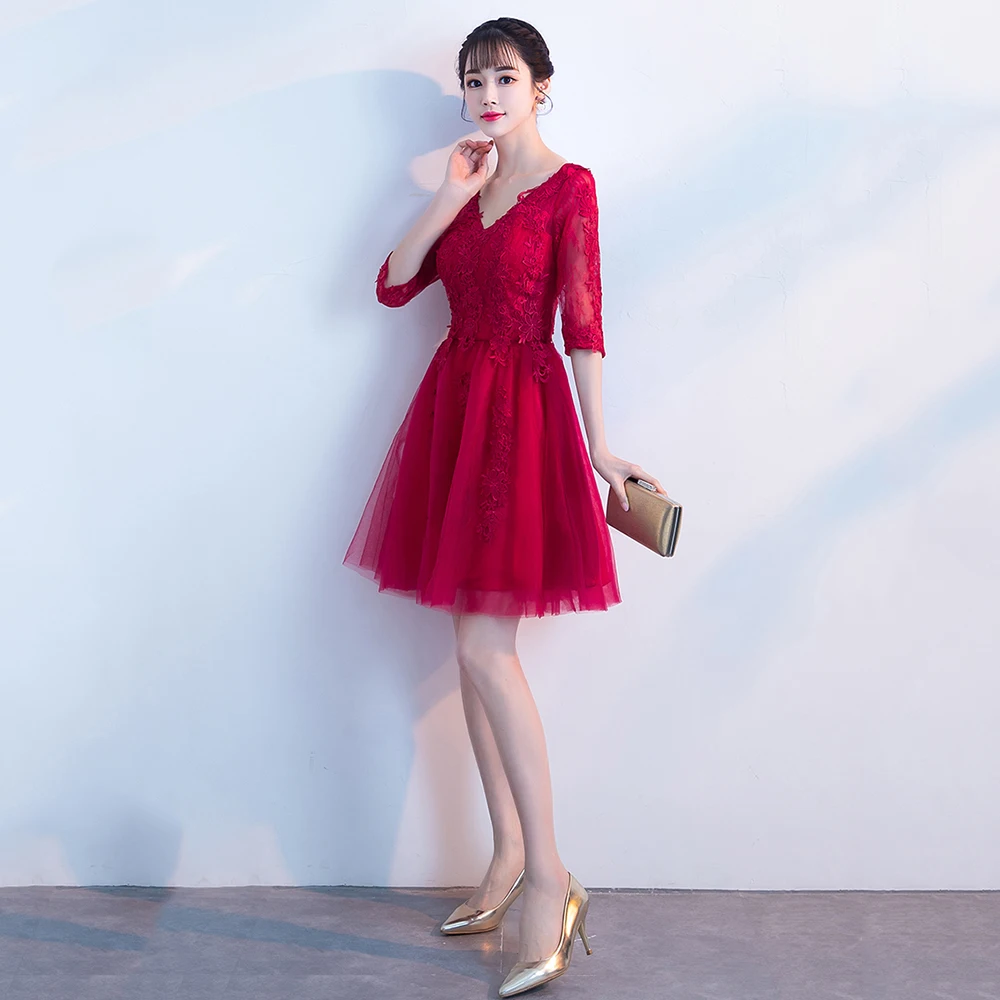 Vestidos cortos de fiesta новые бордовые короткие платья для выпускного Бальные с v-образным