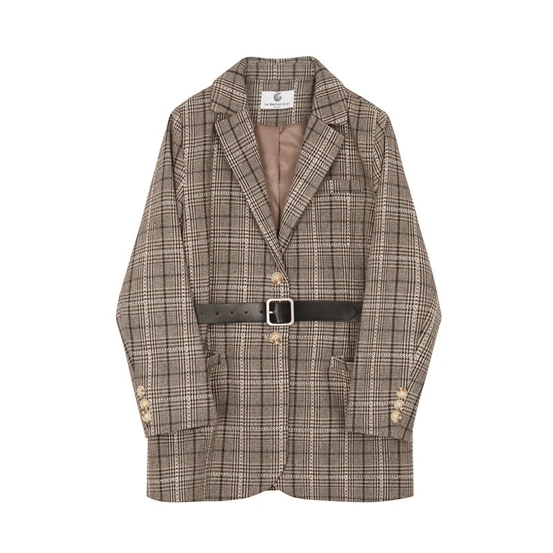 Coffee plaid Новинка, весенне-летняя Свободная Женская куртка с отворотом, длинным рукавом, кофейным рисунком, в клетку, с карманами, с поясом, модное пальто E022 - Цвет: Coffee plaid