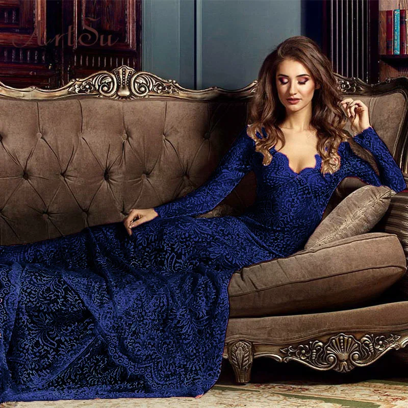 Bodycon Women See Through Floral V-Neck Elegant Lace Long Dress Sexy Maxi Autumn Winter Evening Party Dresses Vestidos | Женская одежда