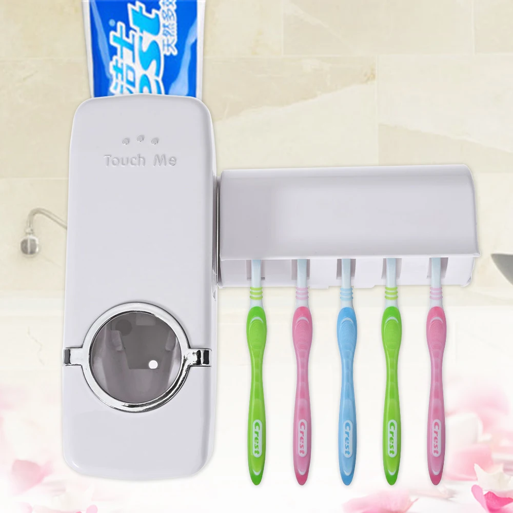 Automatic Toothpaste Dispenser 5 Toothbrush Holder Set Wall Mount Stand Family Sets White Fashion Bathroom | Дом и сад