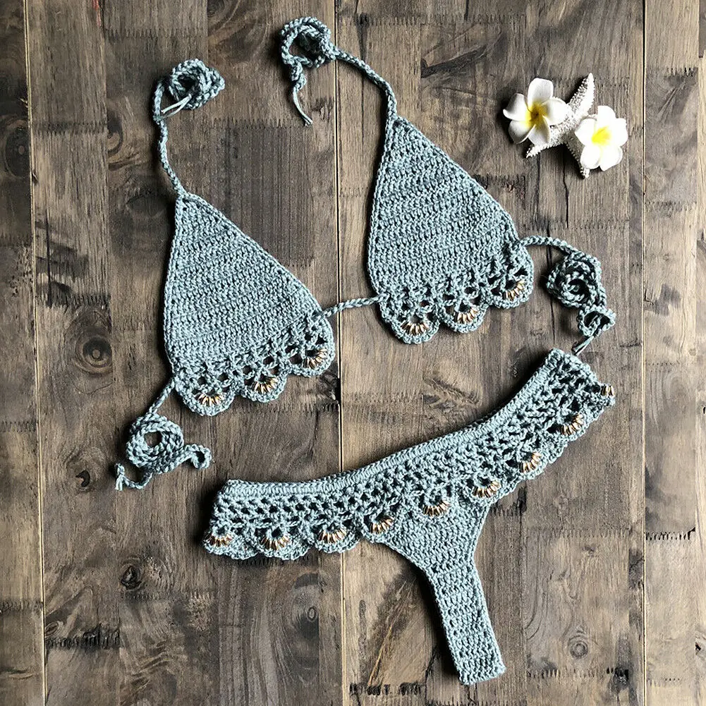 Зеленый Women Push-up Strappy Knit Crochet Padded Bra Bandage Bikini Set Swimsuit Triangle Thong Bottoms Swimwear Summer Bathing - Цвет: Зеленый