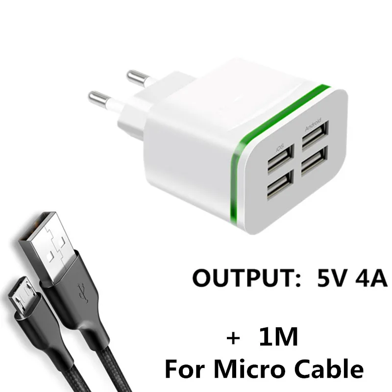XEDAIN, 4 usb порта, зарядное устройство для телефона, 5 В, 4 а, зарядное устройство с европейской вилкой, дорожное настенное зарядное устройство, адаптер, светодиодный светильник, зарядка для мобильного планшета, Mp3 - Тип штекера: Charger Micro Cable