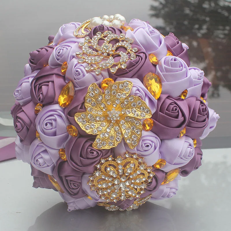 18CM Wedding Bouquet Luxury Gold Crystal Brooch Bridal Handmade Silk Rose Ribbon Flowers Artificia Fake Flower | Дом и сад