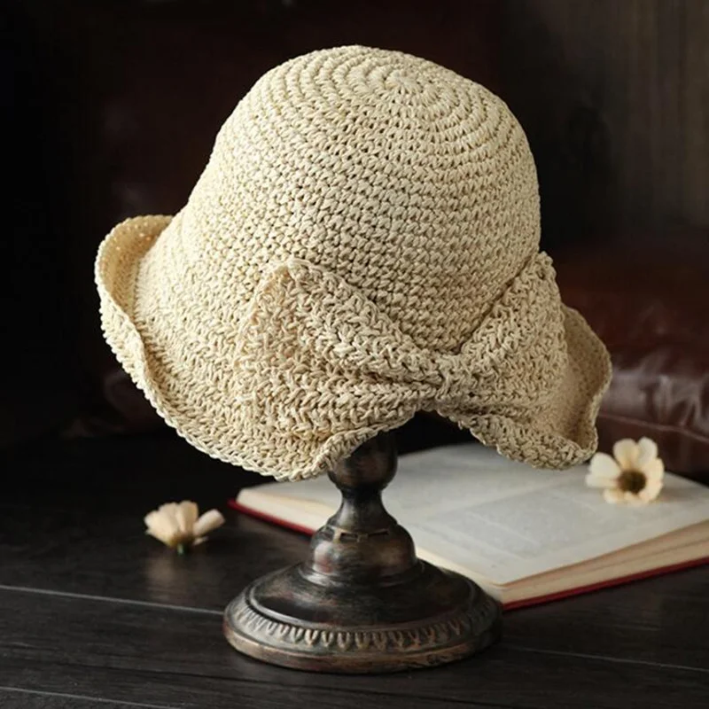 Панама женская Соломенная с большими полями Пляжная бантом однотонная летняя