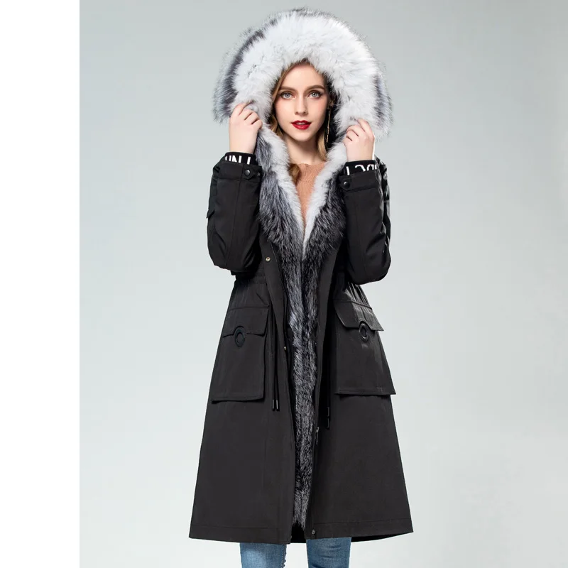 black AYUNSUE/парка из натурального меха кролика; длинное пальто с подкладкой; зимняя женская куртка с воротником из лисьего меха; теплое пальто; парки Mujer MY - Цвет: black