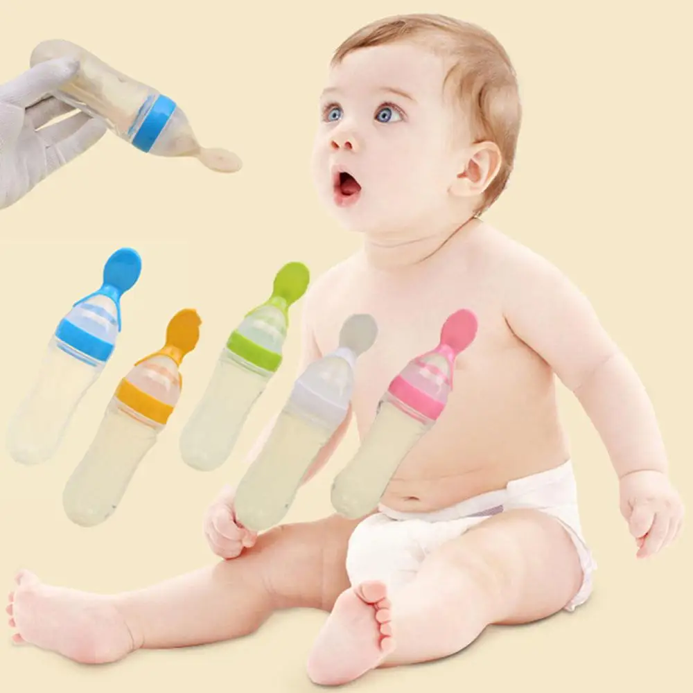 Safe Newborn Baby Feeding Bottle Toddler Silicone Squeeze Feeding Spoon Milk Cereal Bottle Baby Training Feeder Food Supplement