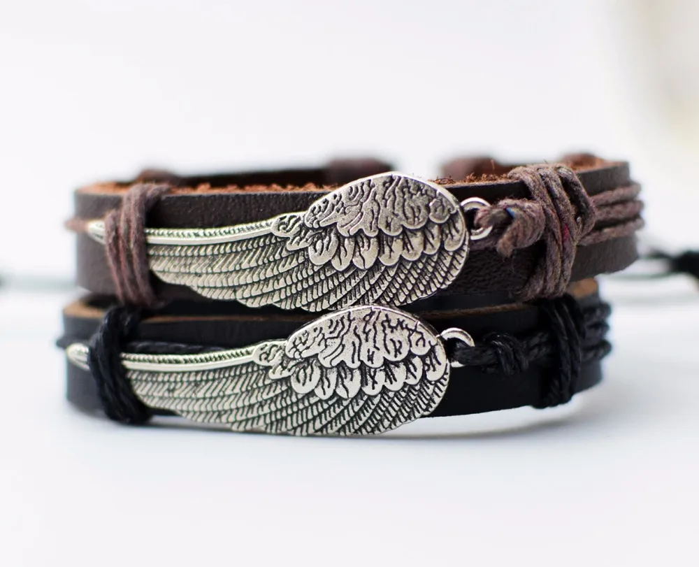 Продвижение кожаные браслеты Крыло ангела регулируемый браслет с бусинами