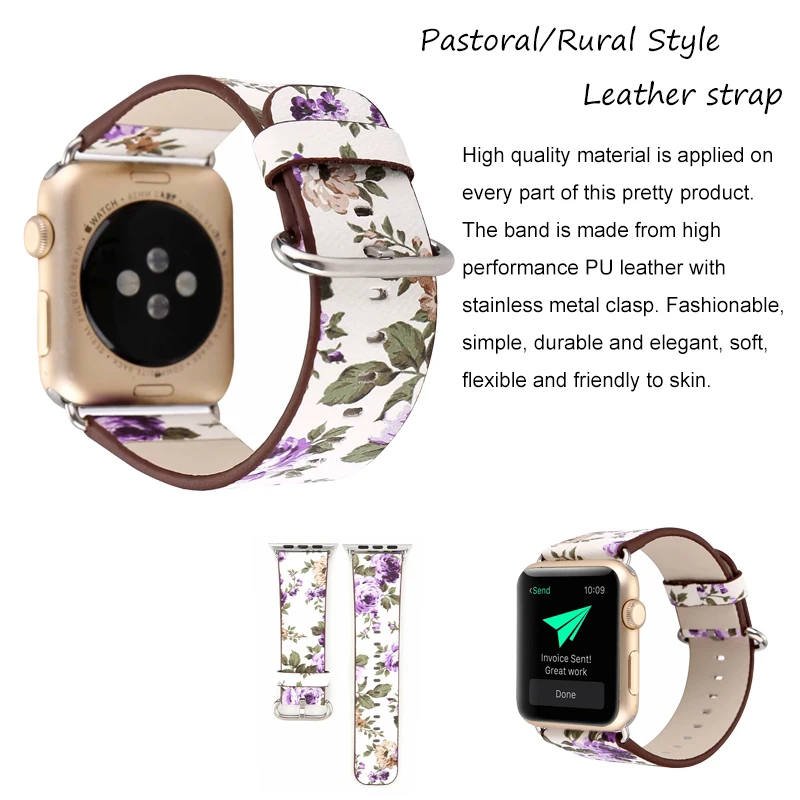 Кожаный ремешок с цветком для часов Apple Watch 44 мм 40 42 38 пасторальный/Сельский