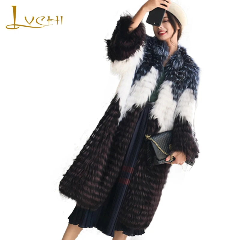 

LVCHI 2019 Spring Imported Marble Fox Fur Coats Slim Mandarin Colla Fur Coat Women's Striped X-Long Contrast Color Fox Fur Coats